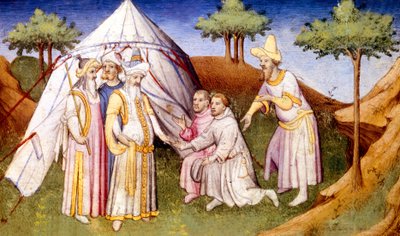 Kublai Khan Greeted by the Brothers Polo, from Livre des Merveilles du Monde, c.1410-12 by French School